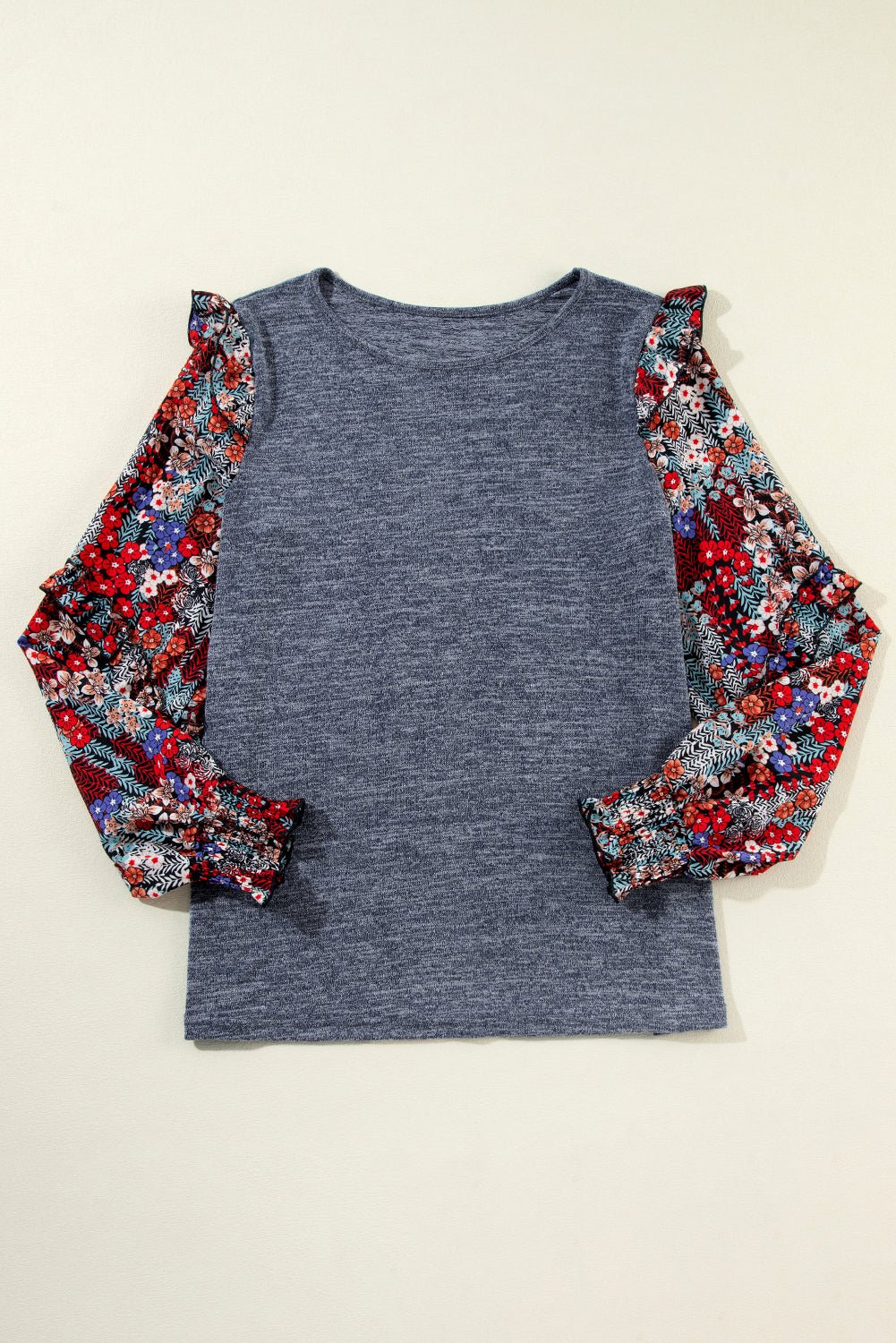 Floral Patchwork Ruffle Tiered Sleeve Crewneck Blouse - Rooted & Reckless Co.