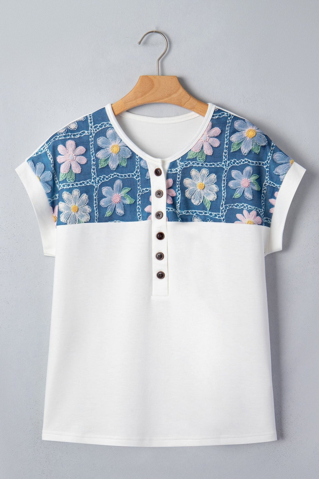 Floral Patchwork Short Sleeve Henley Blouse - Rooted & Reckless Co.
