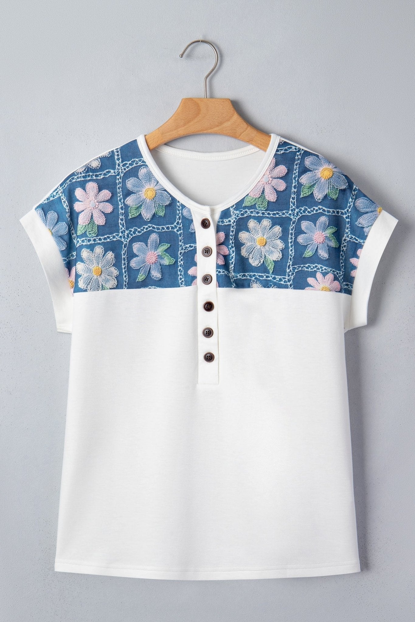 Floral Patchwork Short Sleeve Henley Blouse - Rooted & Reckless Co.