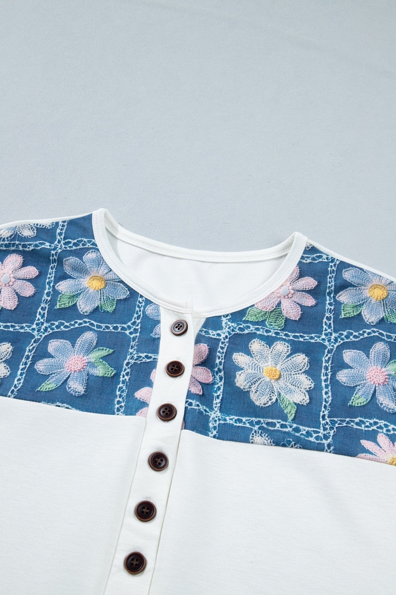 Floral Patchwork Short Sleeve Henley Blouse - Rooted & Reckless Co.