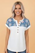 Floral Patchwork Short Sleeve Henley Blouse - Rooted & Reckless Co.