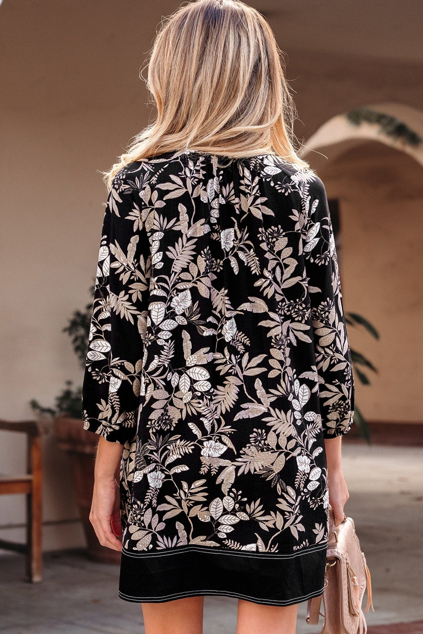 Floral Patchwork Split Neck 3/4 Sleeve Mini Dress - Rooted & Reckless Co.
