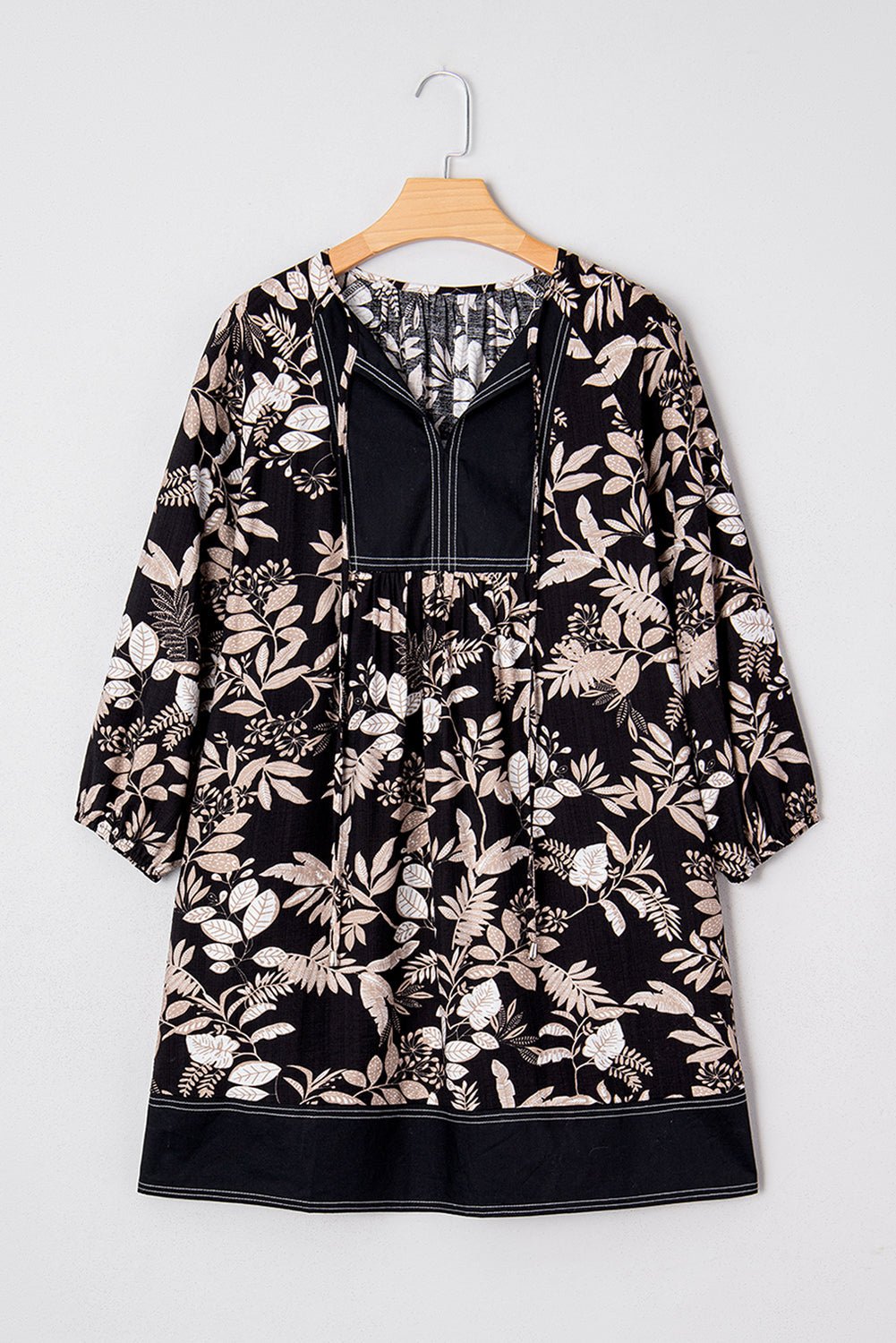 Floral Patchwork Split Neck 3/4 Sleeve Mini Dress - Rooted & Reckless Co.