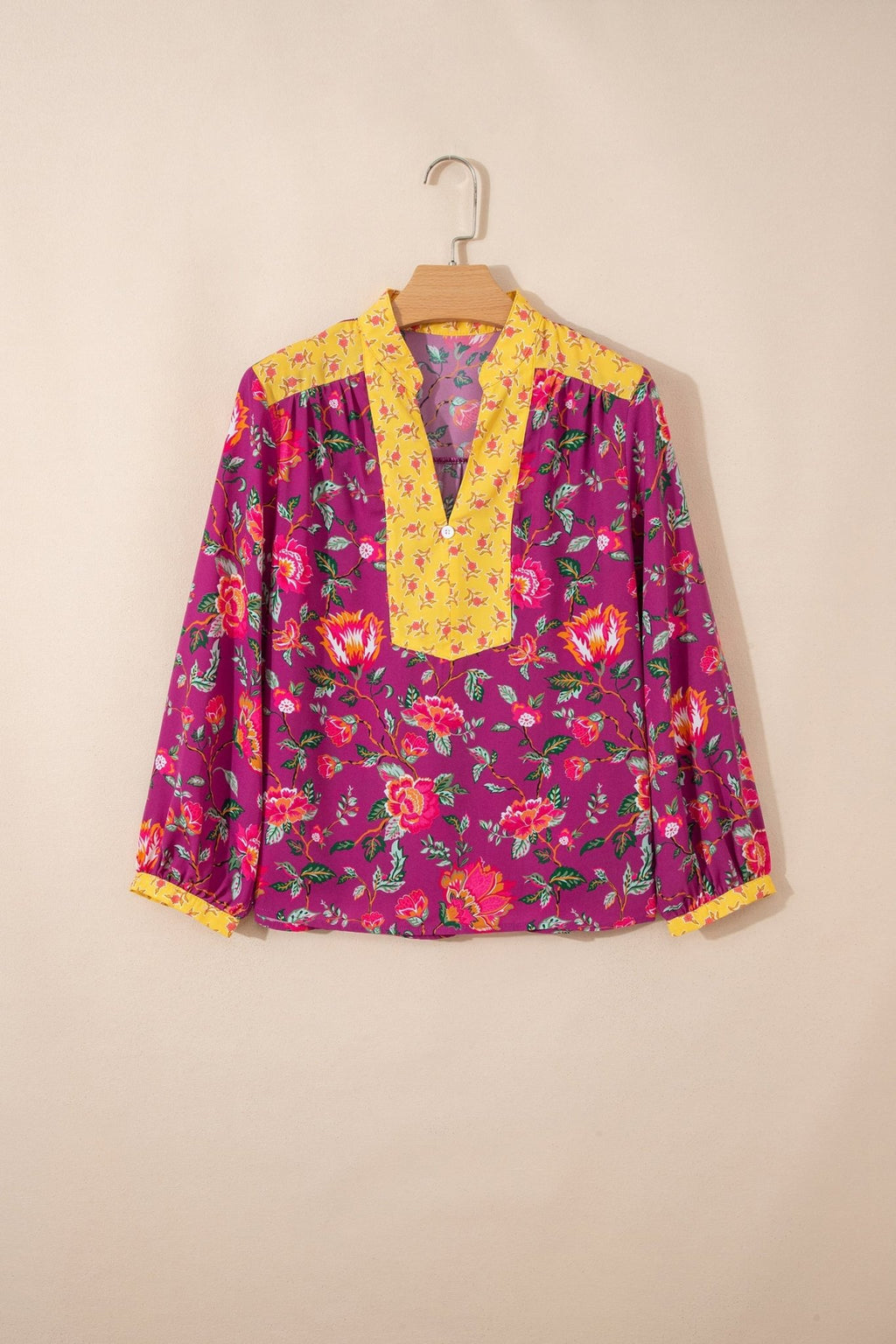 Floral Patchwork Split V-Neck Blouse - Rooted & Reckless Co.