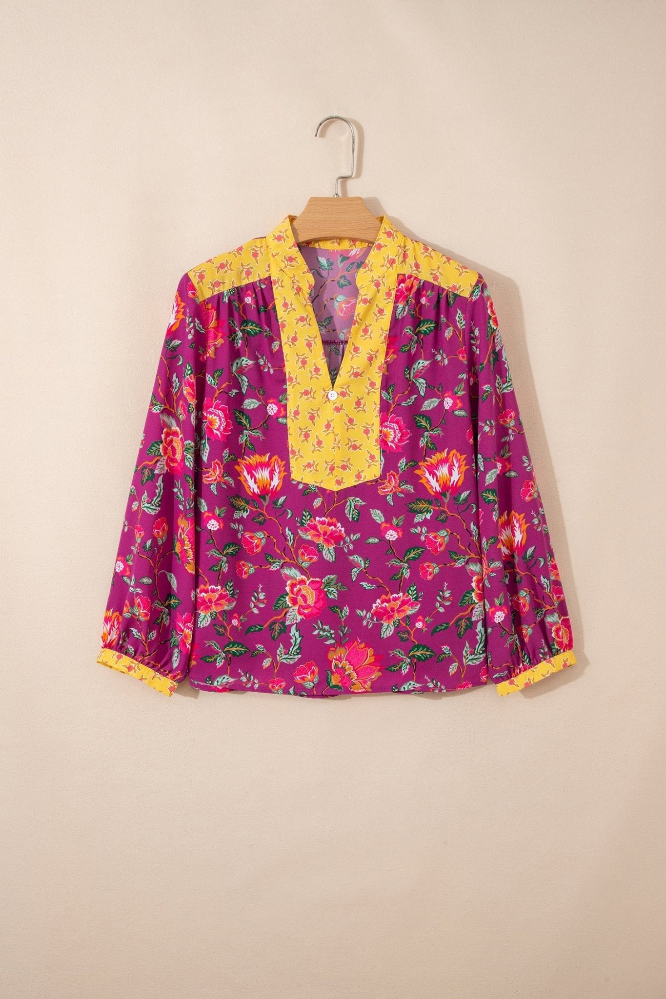 Floral Patchwork Split V-Neck Blouse - Rooted & Reckless Co.
