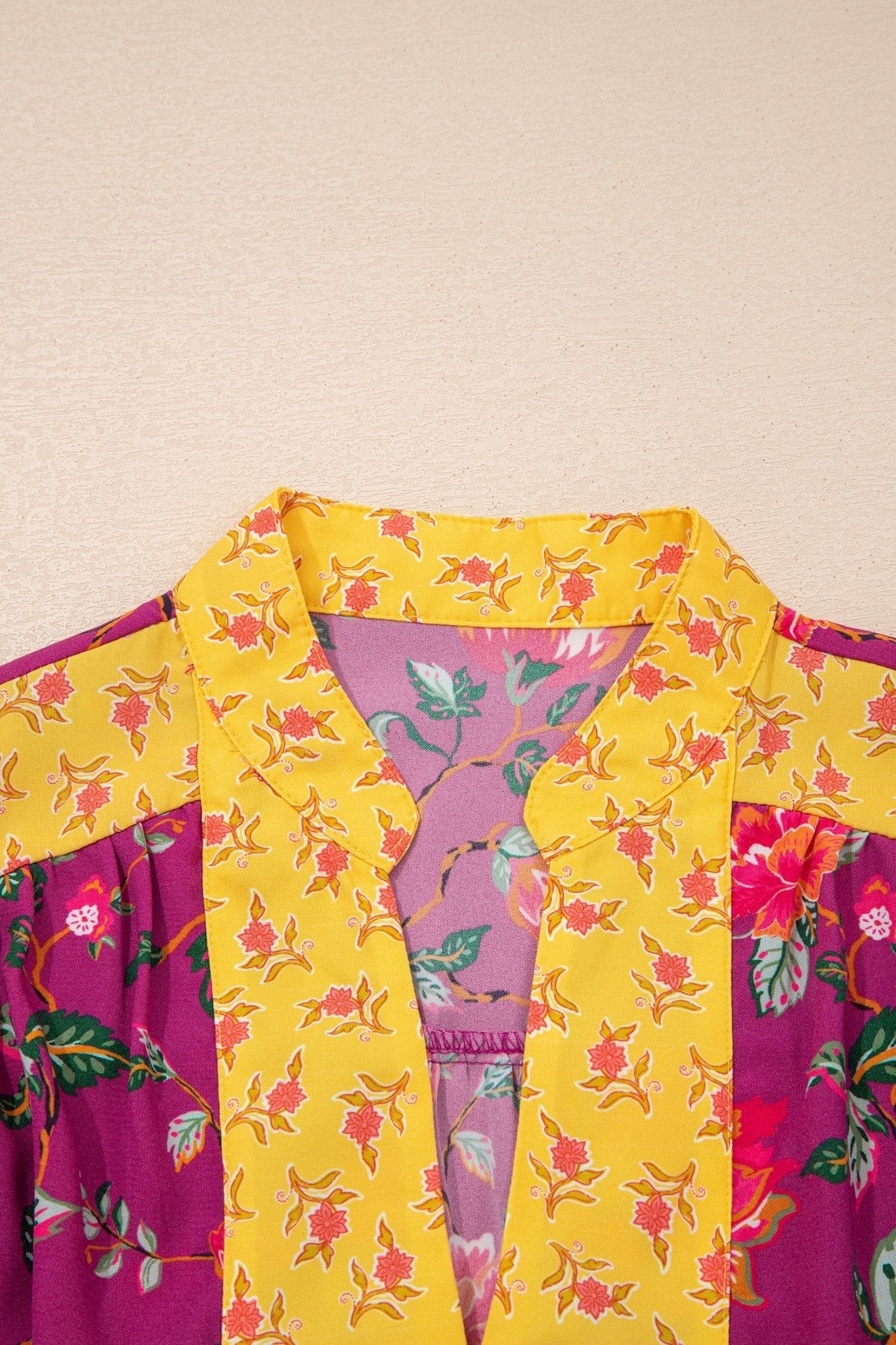 Floral Patchwork Split V-Neck Blouse - Rooted & Reckless Co.