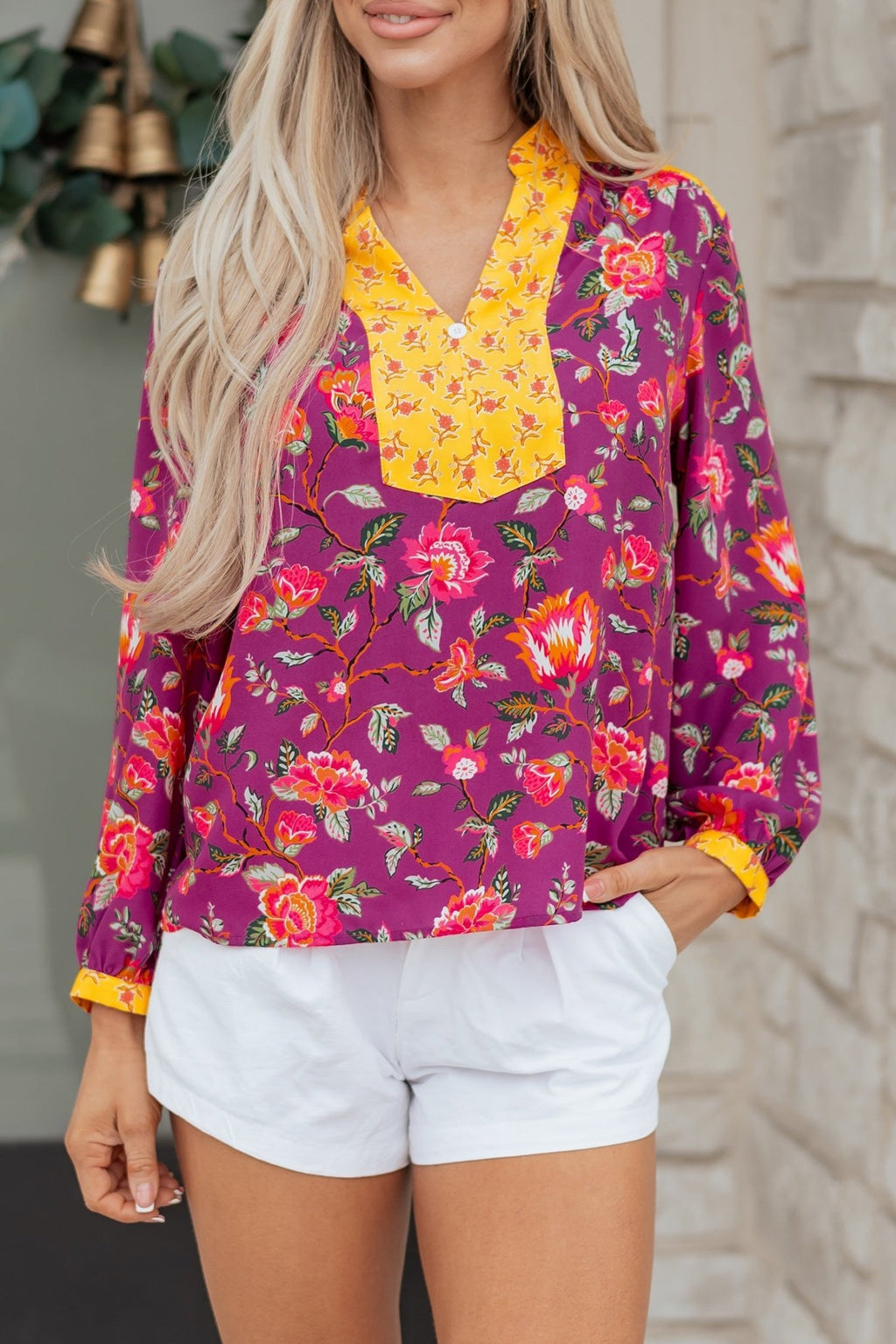 Floral Patchwork Split V-Neck Blouse - Rooted & Reckless Co.