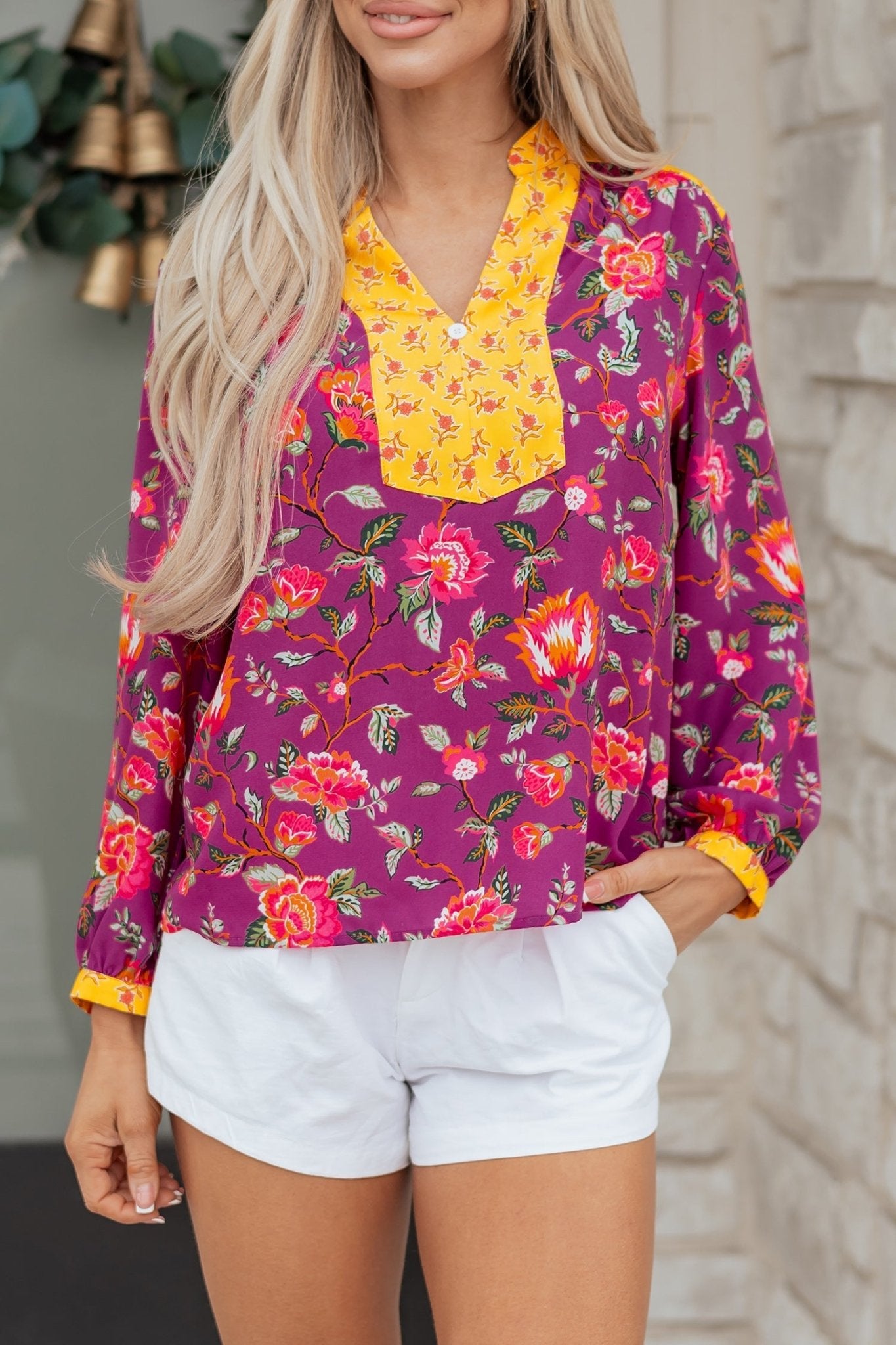 Floral Patchwork Split V-Neck Blouse - Rooted & Reckless Co.