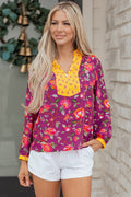 Floral Patchwork Split V-Neck Blouse - Rooted & Reckless Co.