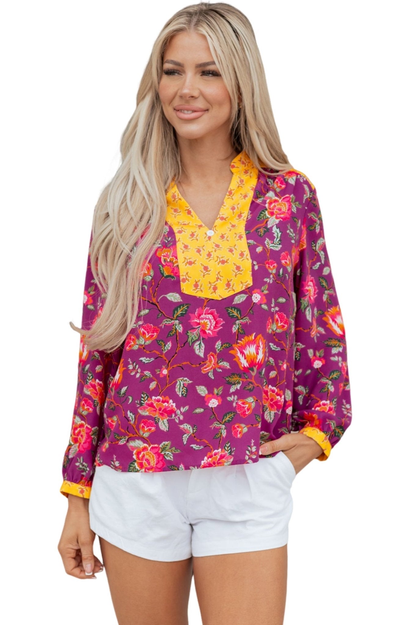 Floral Patchwork Split V-Neck Blouse - Rooted & Reckless Co.