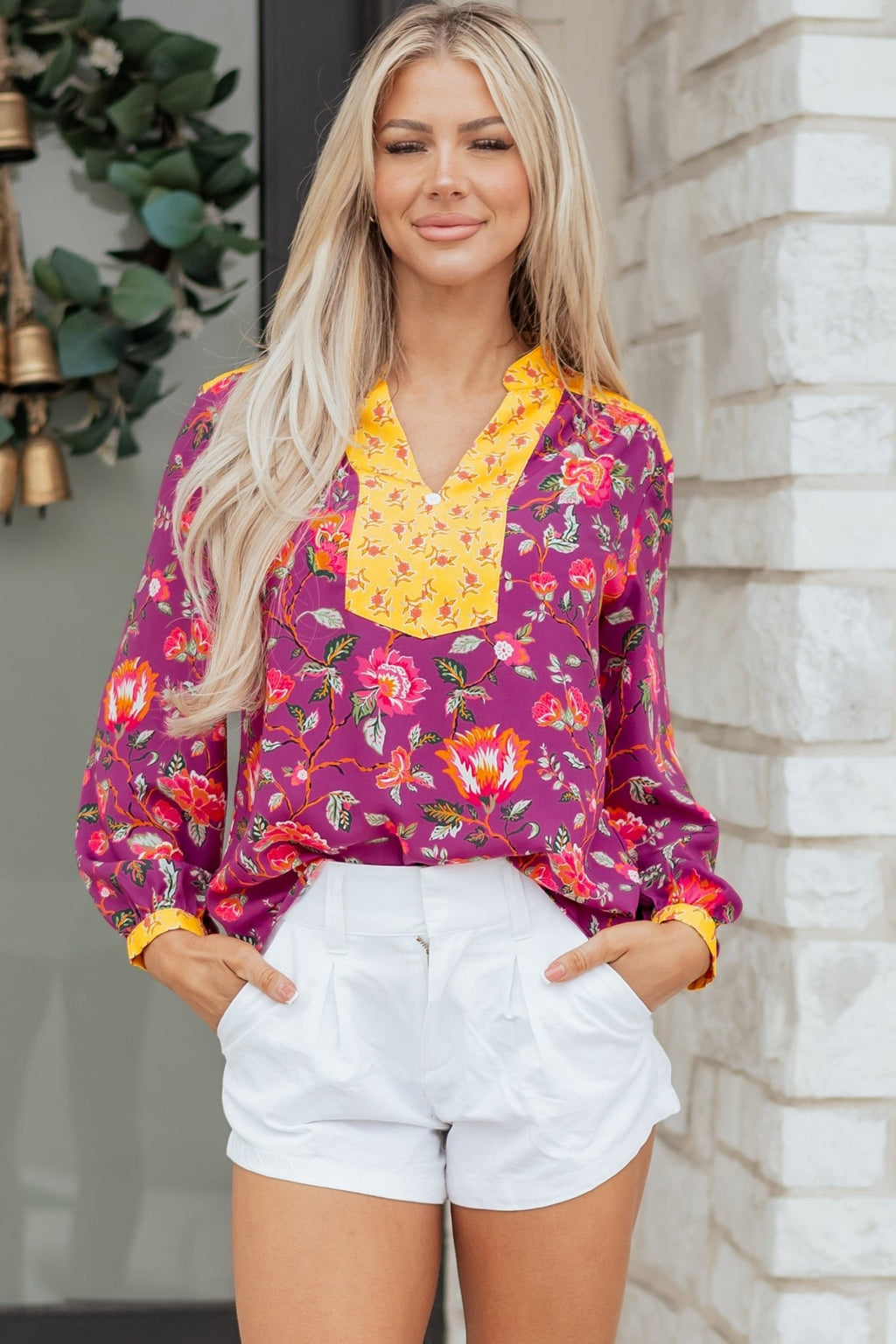 Floral Patchwork Split V-Neck Blouse - Rooted & Reckless Co.