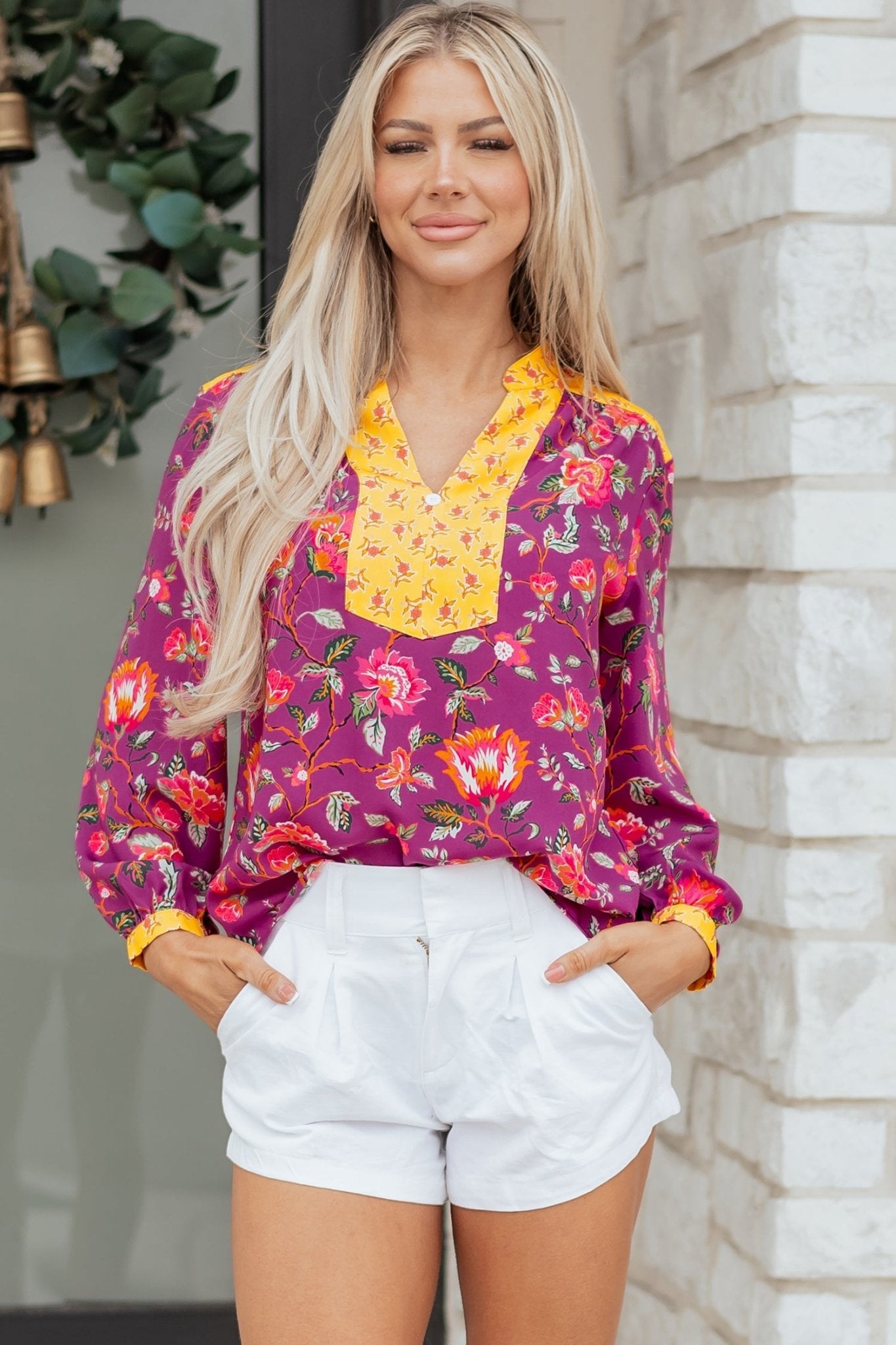 Floral Patchwork Split V-Neck Blouse - Rooted & Reckless Co.