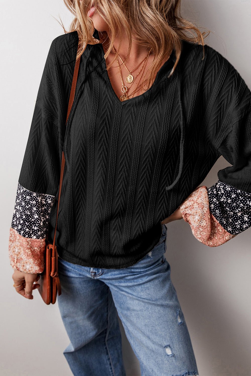 Floral Patchwork Textured Knit V-Neck Blouse - Rooted & Reckless Co.