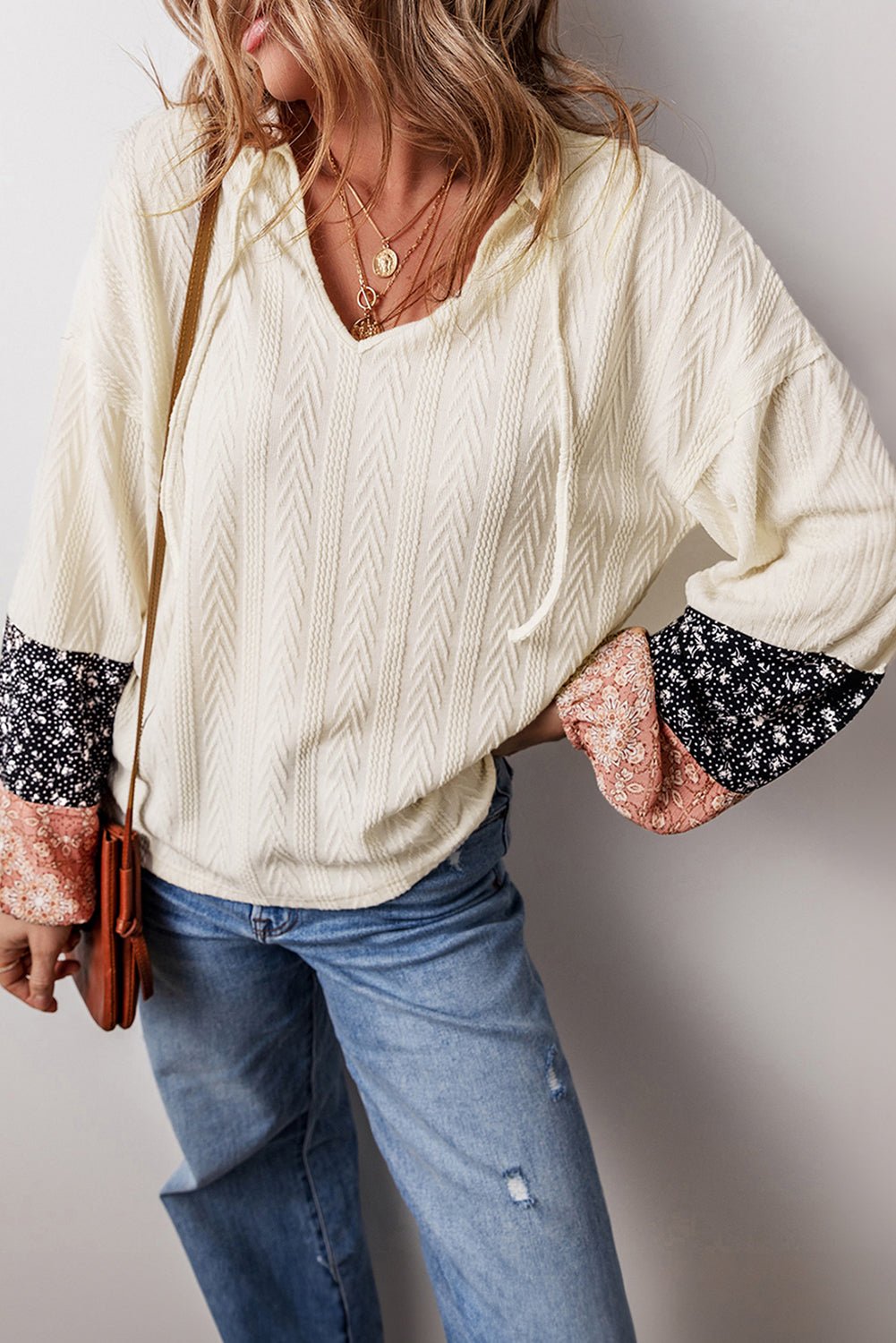 Floral Patchwork Textured Knit V-Neck Blouse - Rooted & Reckless Co.