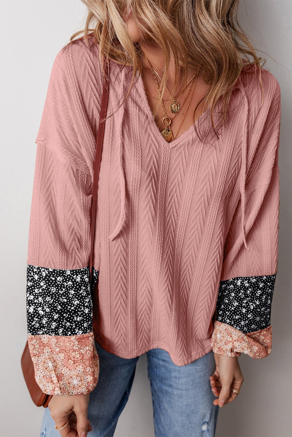 Floral Patchwork Textured Knit V-Neck Blouse - Rooted & Reckless Co.