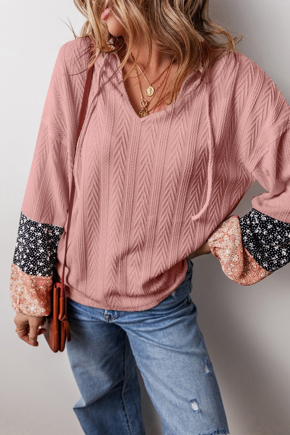 Floral Patchwork Textured Knit V-Neck Blouse - Rooted & Reckless Co.