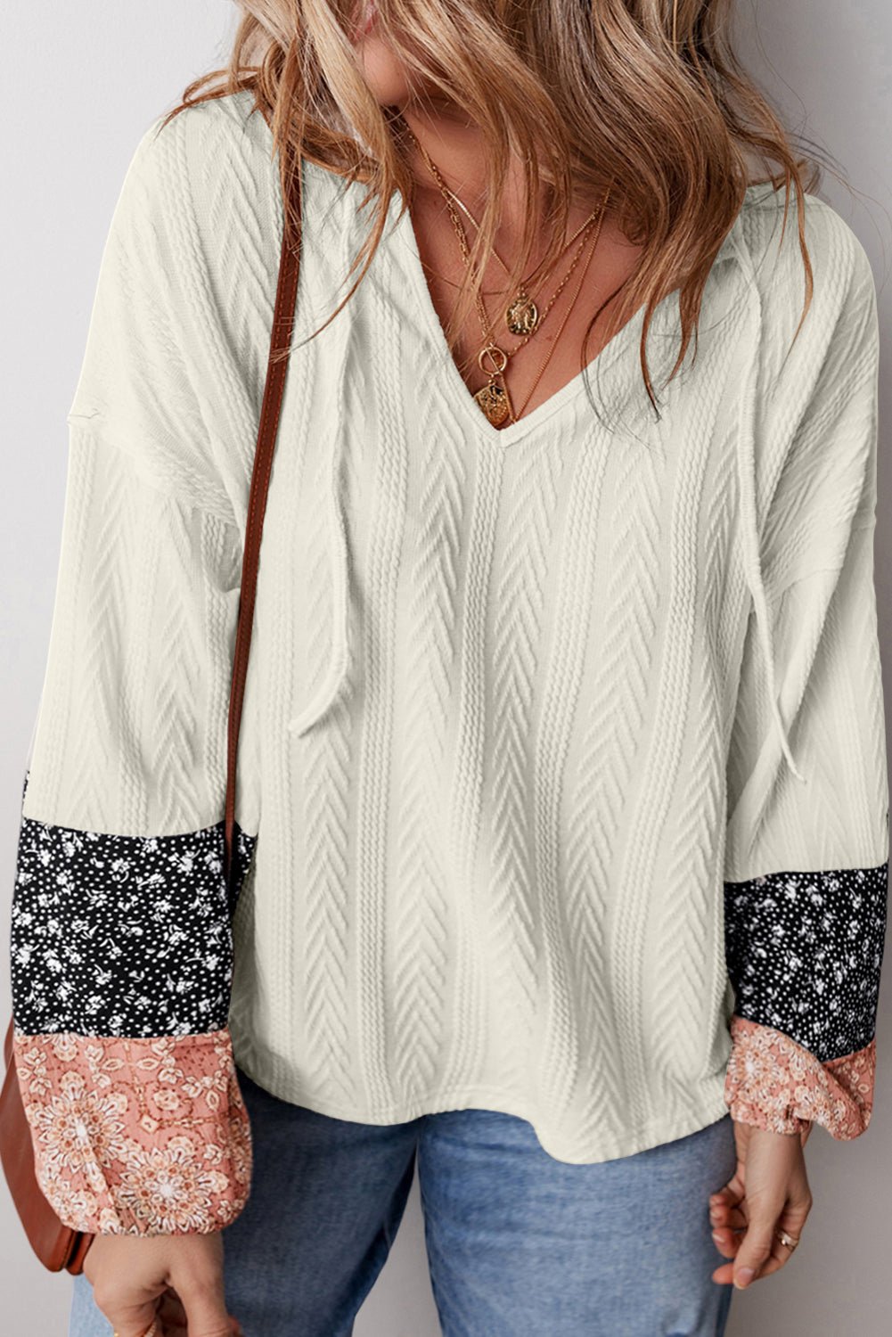 Floral Patchwork Textured Knit V-Neck Blouse - Rooted & Reckless Co.