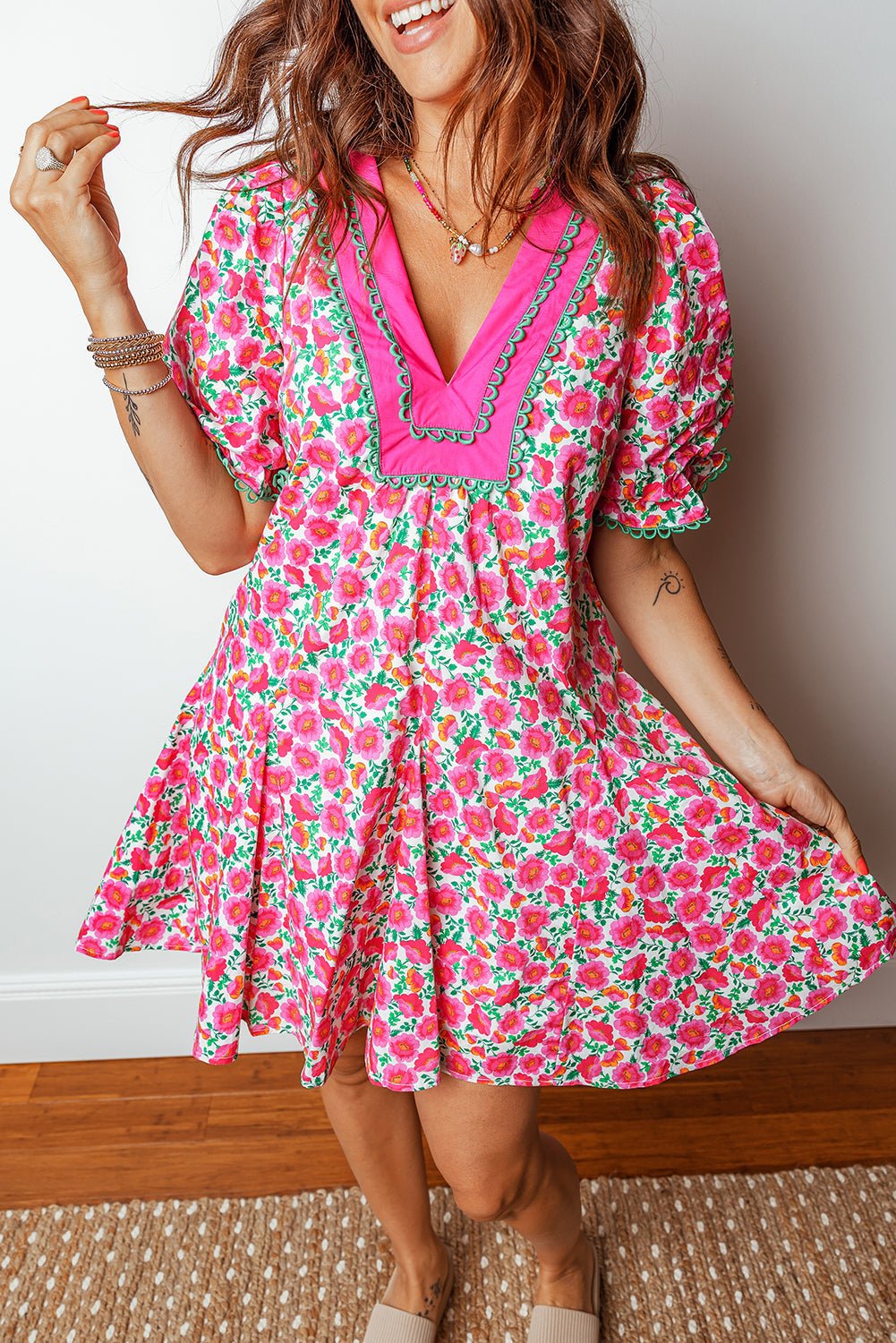 Floral Patchwork V-Neck Bubble Sleeve Mini Dress - Rooted & Reckless Co.