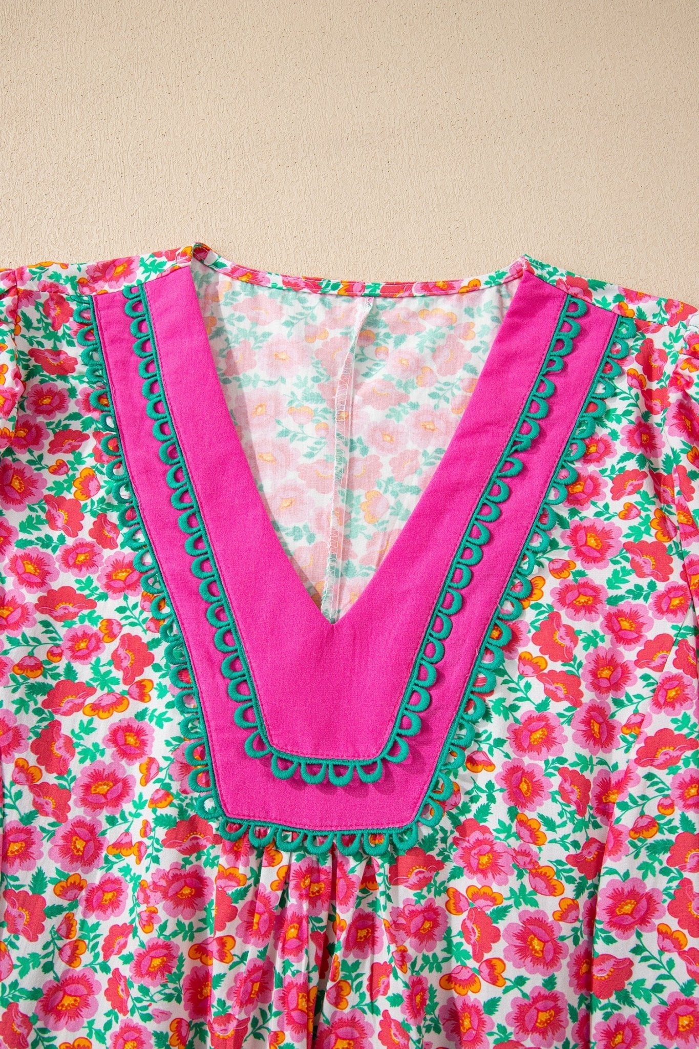 Floral Patchwork V-Neck Bubble Sleeve Mini Dress - Rooted & Reckless Co.