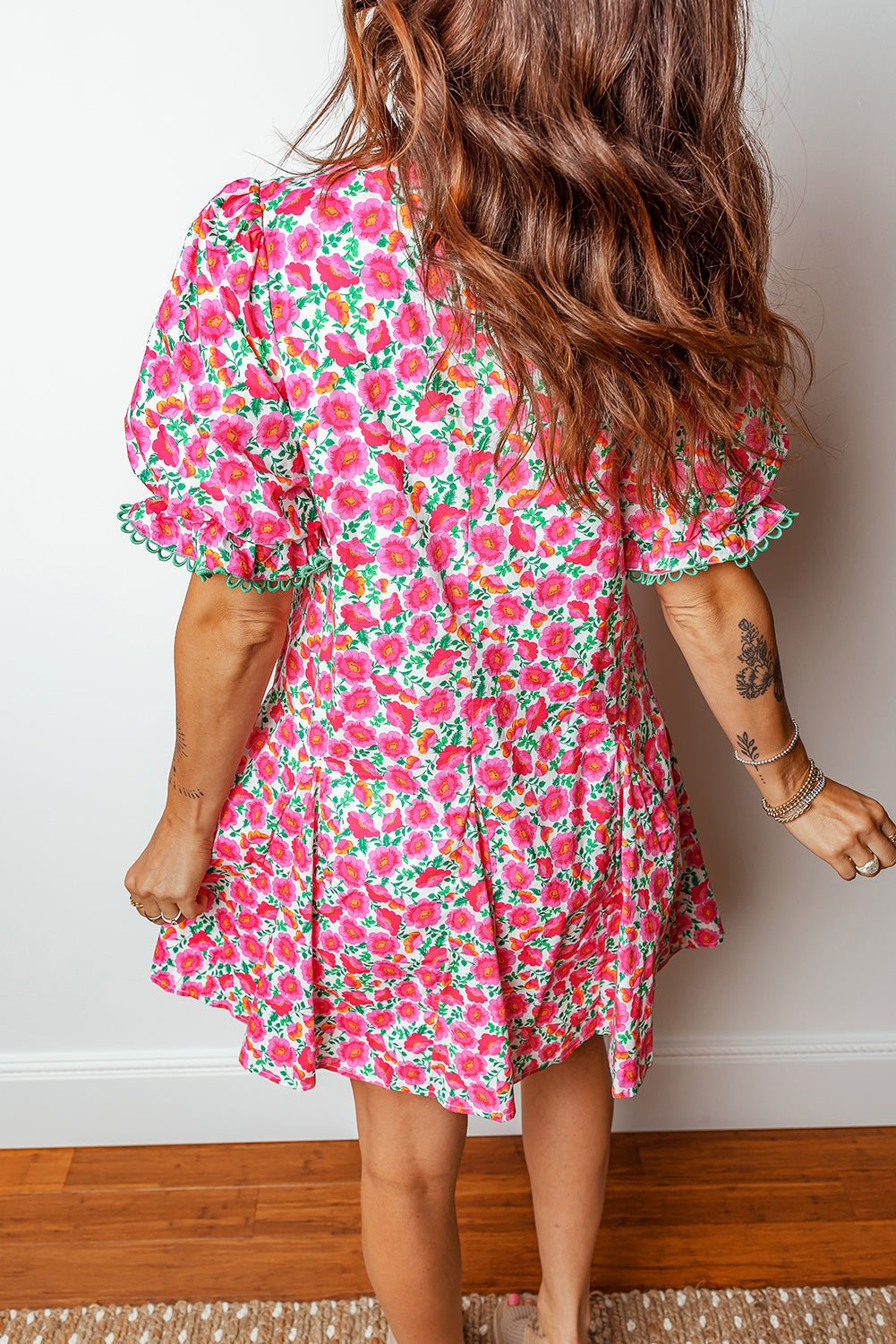 Floral Patchwork V-Neck Bubble Sleeve Mini Dress - Rooted & Reckless Co.