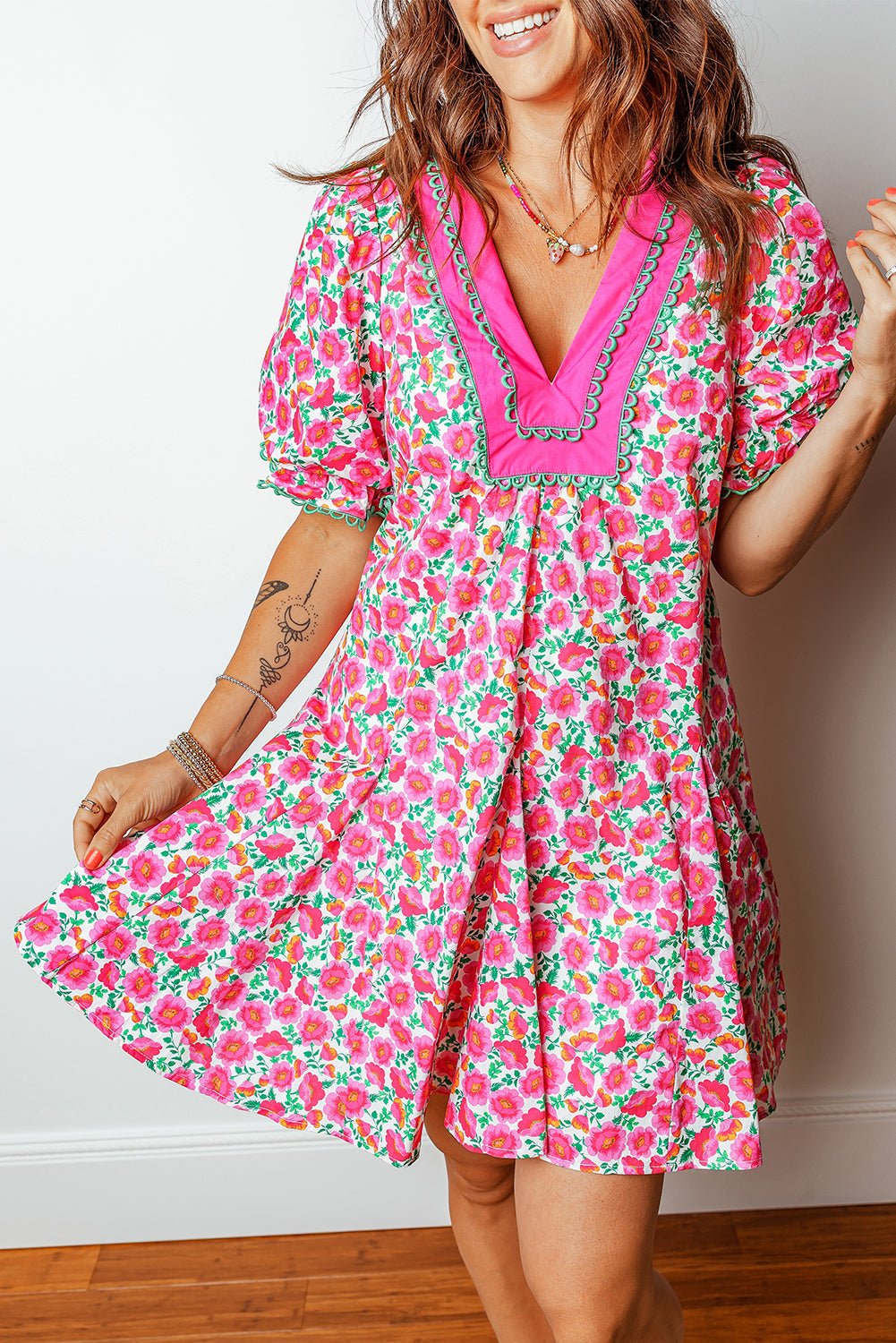 Floral Patchwork V-Neck Bubble Sleeve Mini Dress - Rooted & Reckless Co.