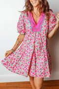 Floral Patchwork V-Neck Bubble Sleeve Mini Dress - Rooted & Reckless Co.