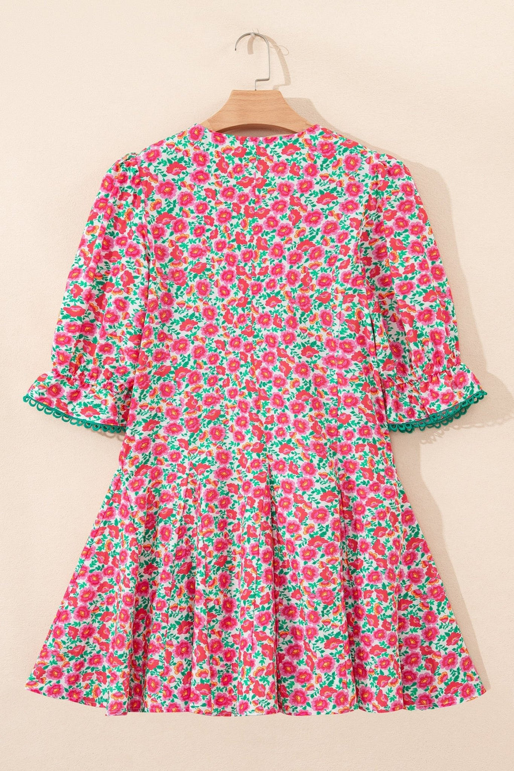 Floral Patchwork V-Neck Bubble Sleeve Mini Dress - Rooted & Reckless Co.