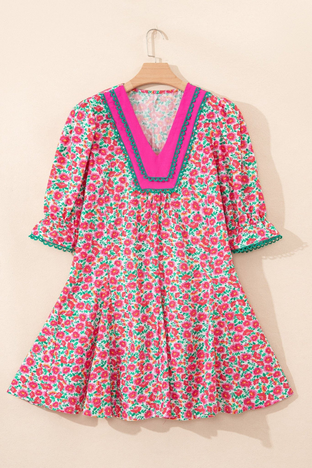 Floral Patchwork V-Neck Bubble Sleeve Mini Dress - Rooted & Reckless Co.