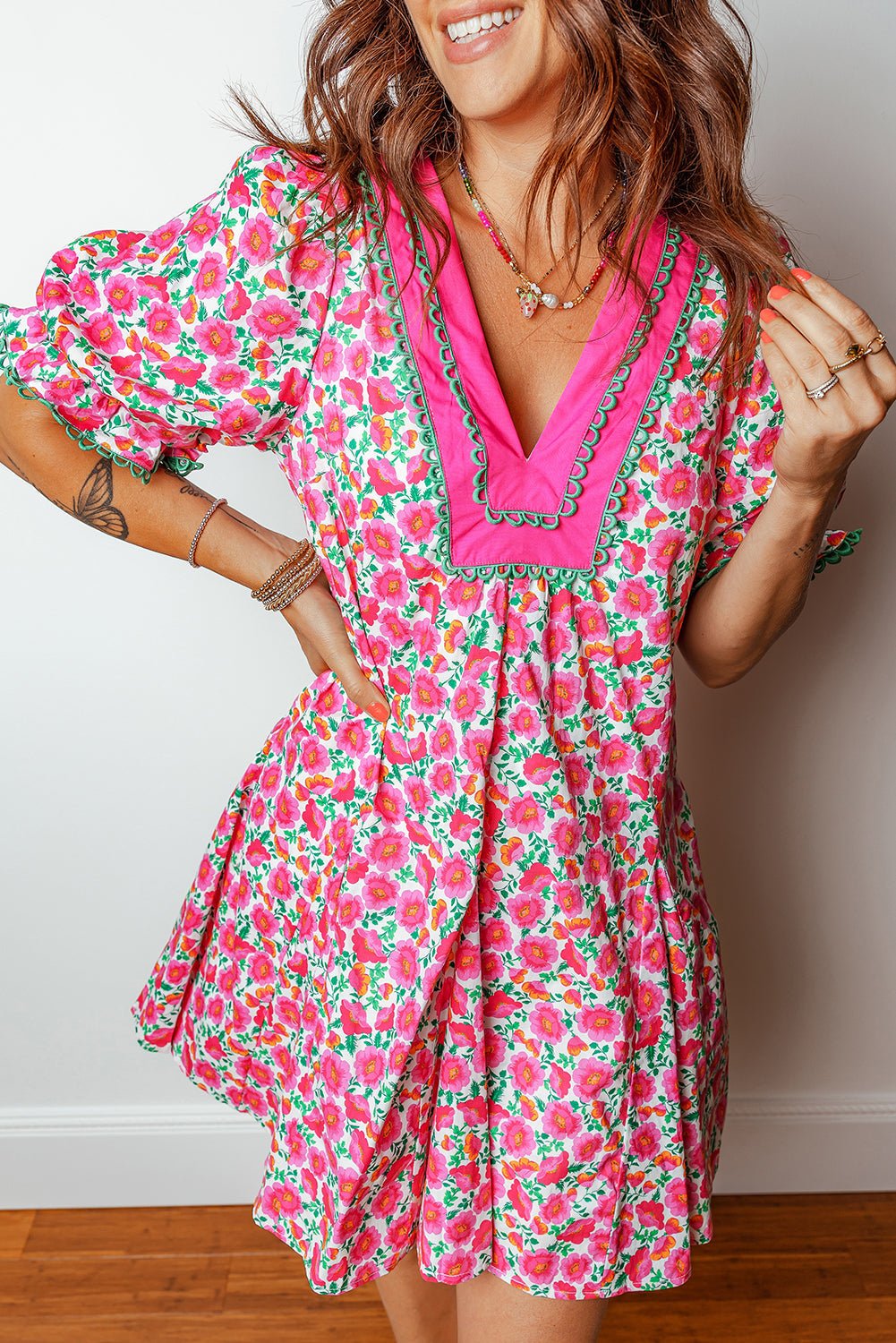 Floral Patchwork V-Neck Bubble Sleeve Mini Dress - Rooted & Reckless Co.
