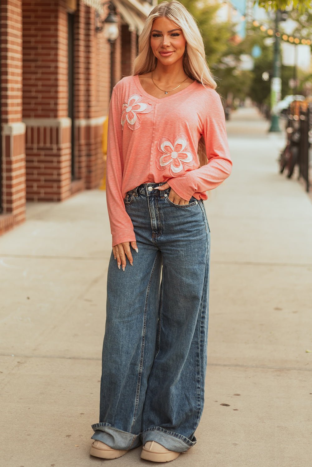 Floral Patchwork V-Neck Long Sleeve Top - Rooted & Reckless Co.