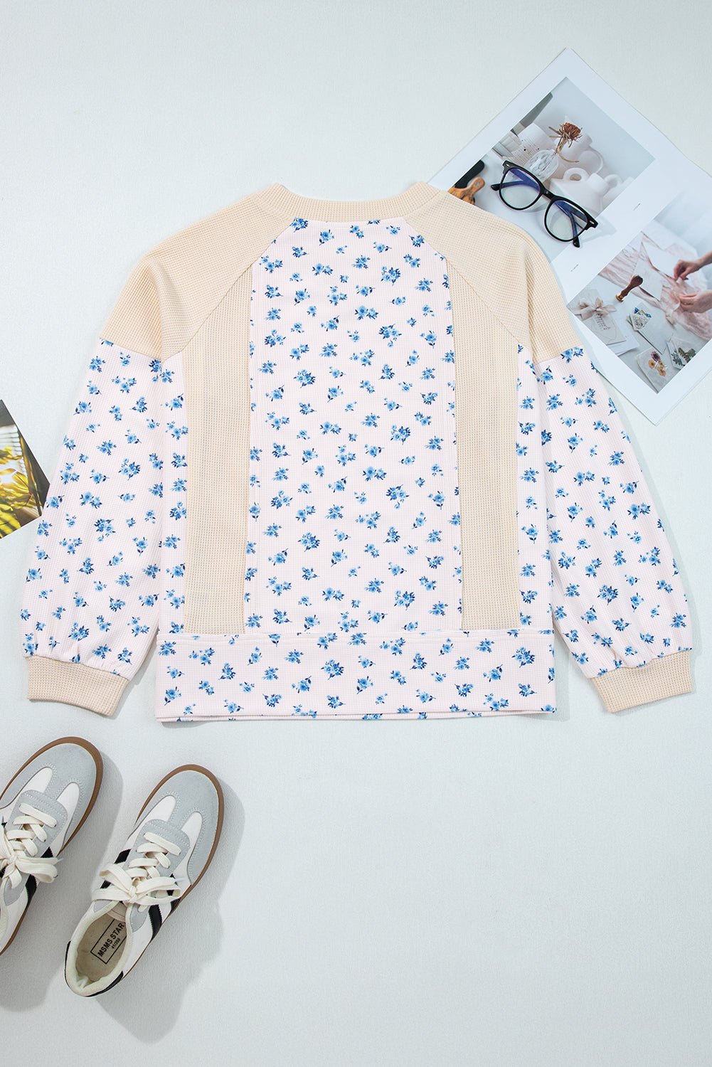 Floral Patchwork Waffle Knit Balloon Sleeve Top - Rooted & Reckless Co.