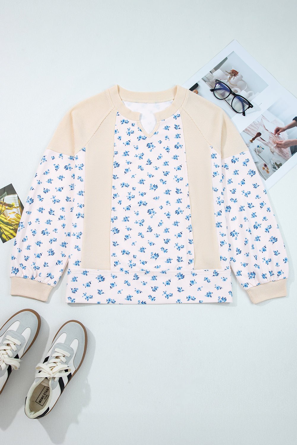 Floral Patchwork Waffle Knit Balloon Sleeve Top - Rooted & Reckless Co.