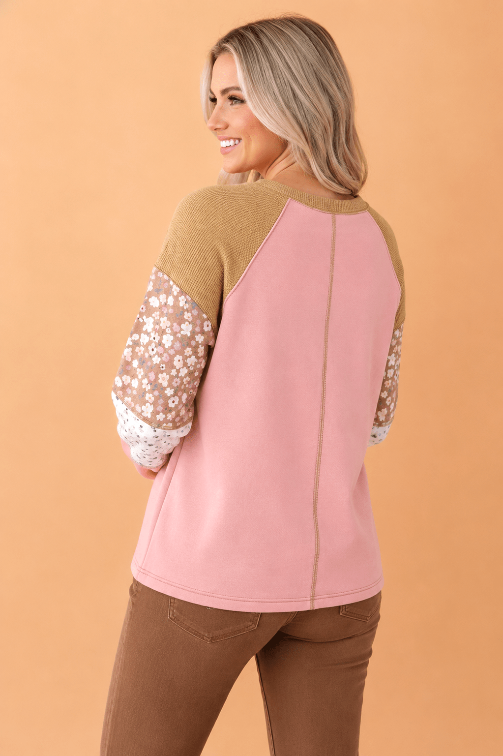 Floral Patchwork Waffle Knit Raglan Long Sleeve Top - Rooted & Reckless Co.