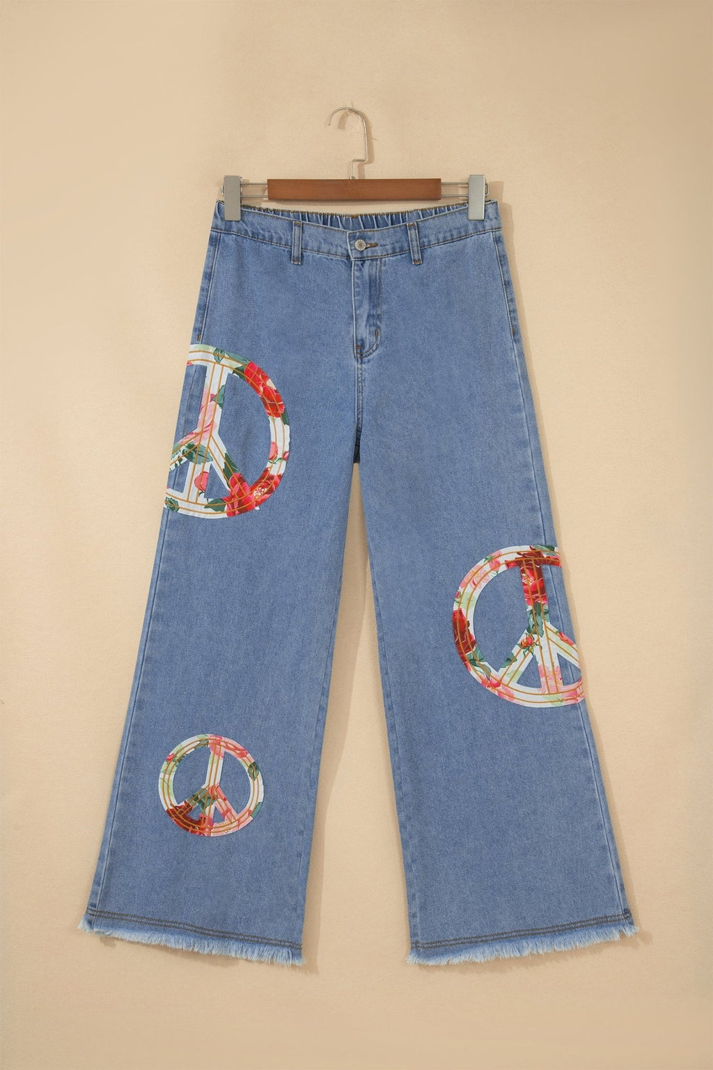 Floral Peace Sign Embroidered Patch Wide Leg Jeans - Rooted & Reckless Co.