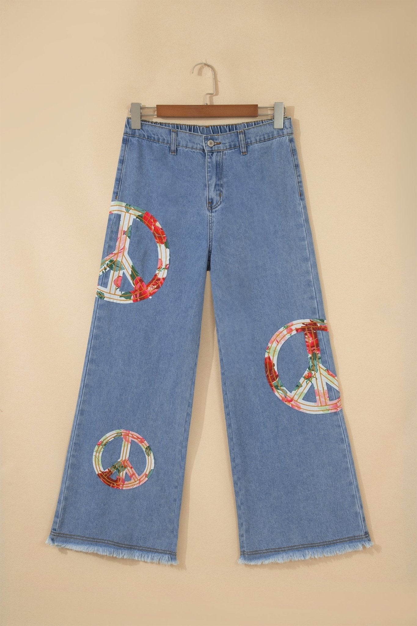 Floral Peace Sign Embroidered Patch Wide Leg Jeans - Rooted & Reckless Co.