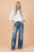 Floral Peace Sign Embroidered Patch Wide Leg Jeans - Rooted & Reckless Co.