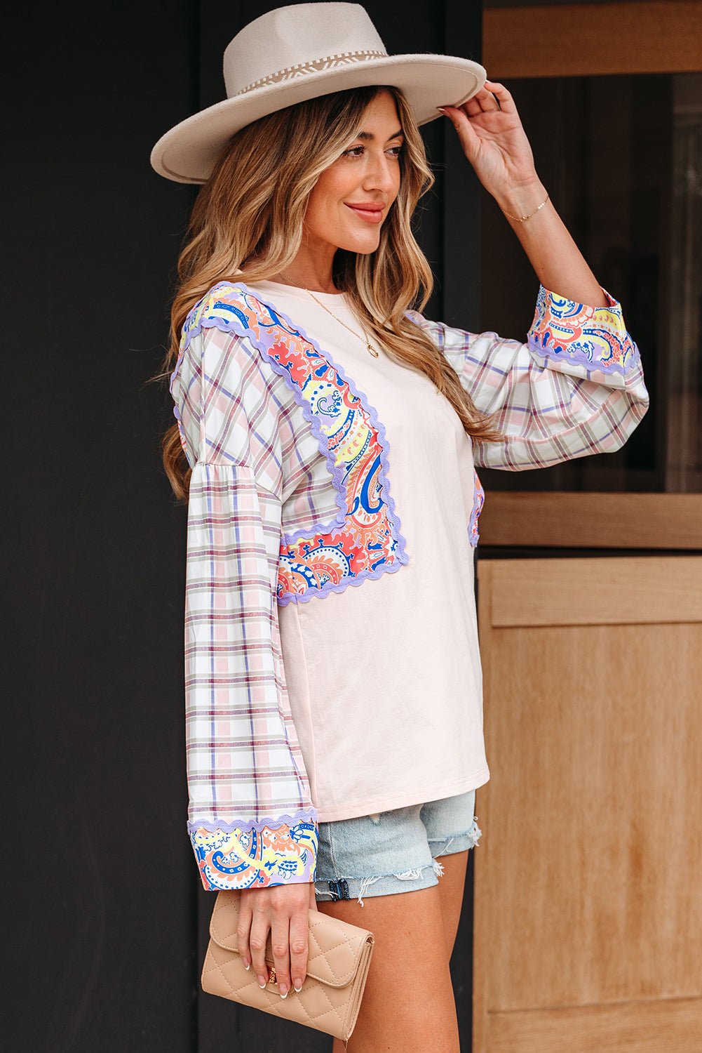 Floral Plaid Patchwork Puff Sleeve Blouse - Rooted & Reckless Co.