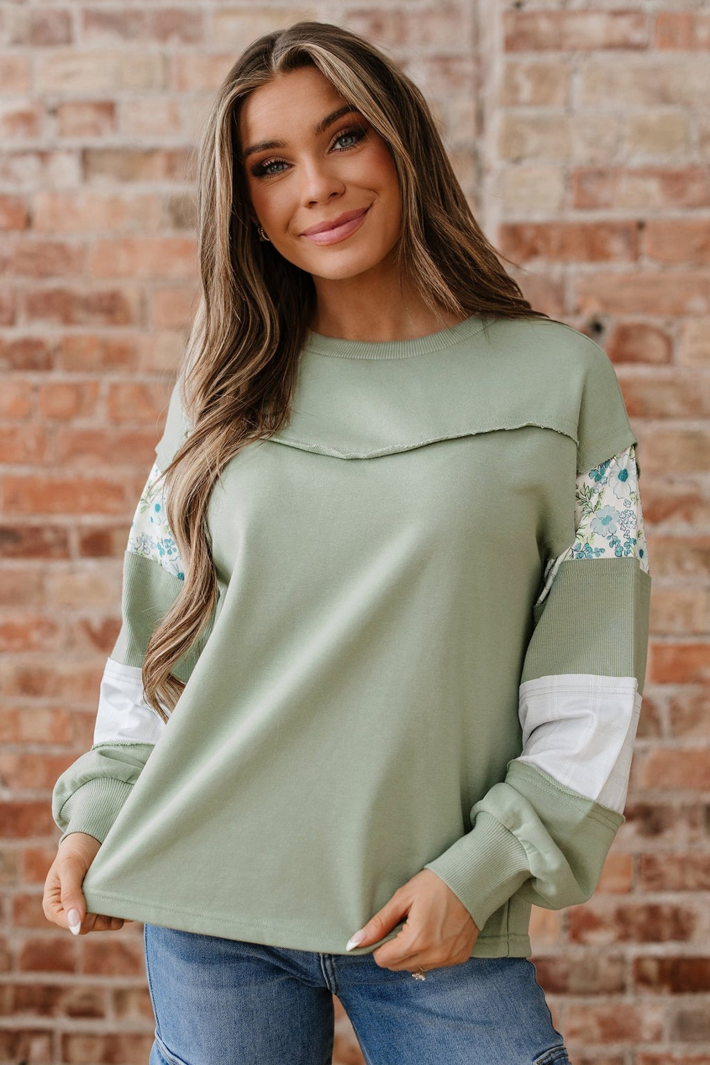 Floral Plaid Patchwork Sleeve French Terry Top - Rooted & Reckless Co.