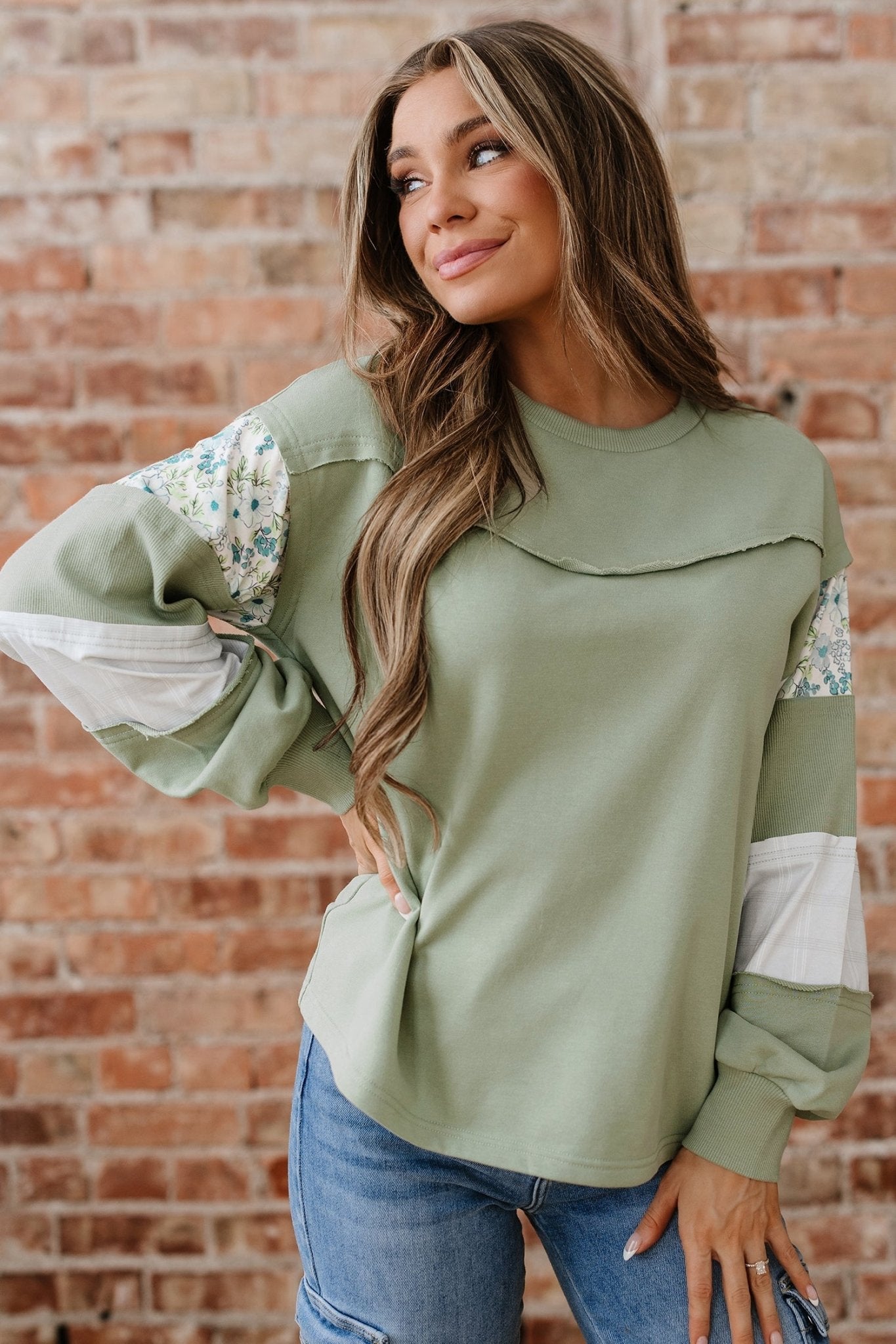 Floral Plaid Patchwork Sleeve French Terry Top - Rooted & Reckless Co.