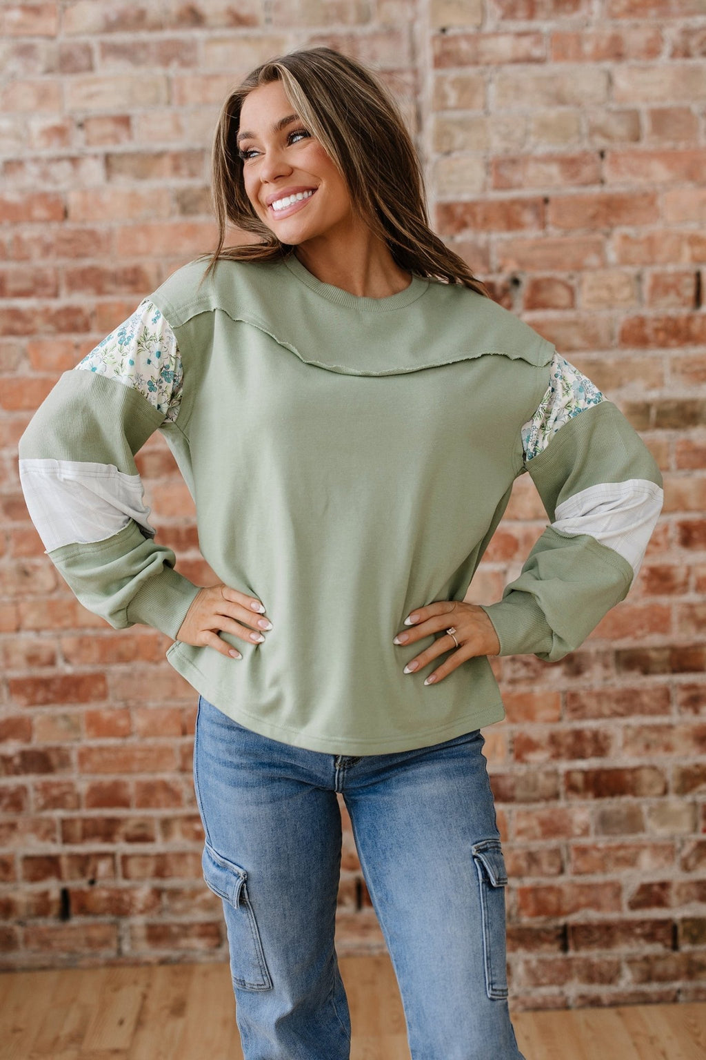 Floral Plaid Patchwork Sleeve French Terry Top - Rooted & Reckless Co.