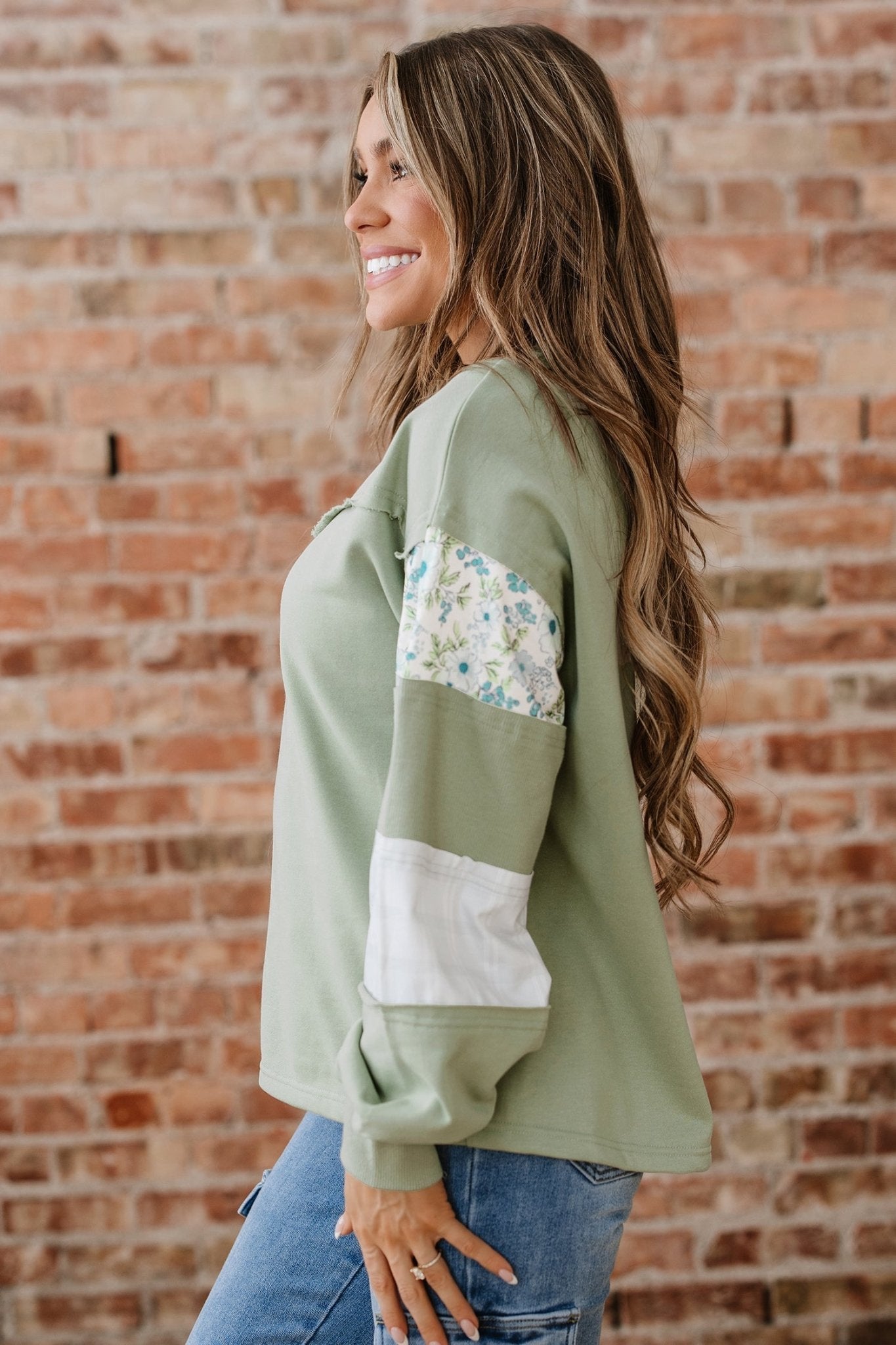 Floral Plaid Patchwork Sleeve French Terry Top - Rooted & Reckless Co.