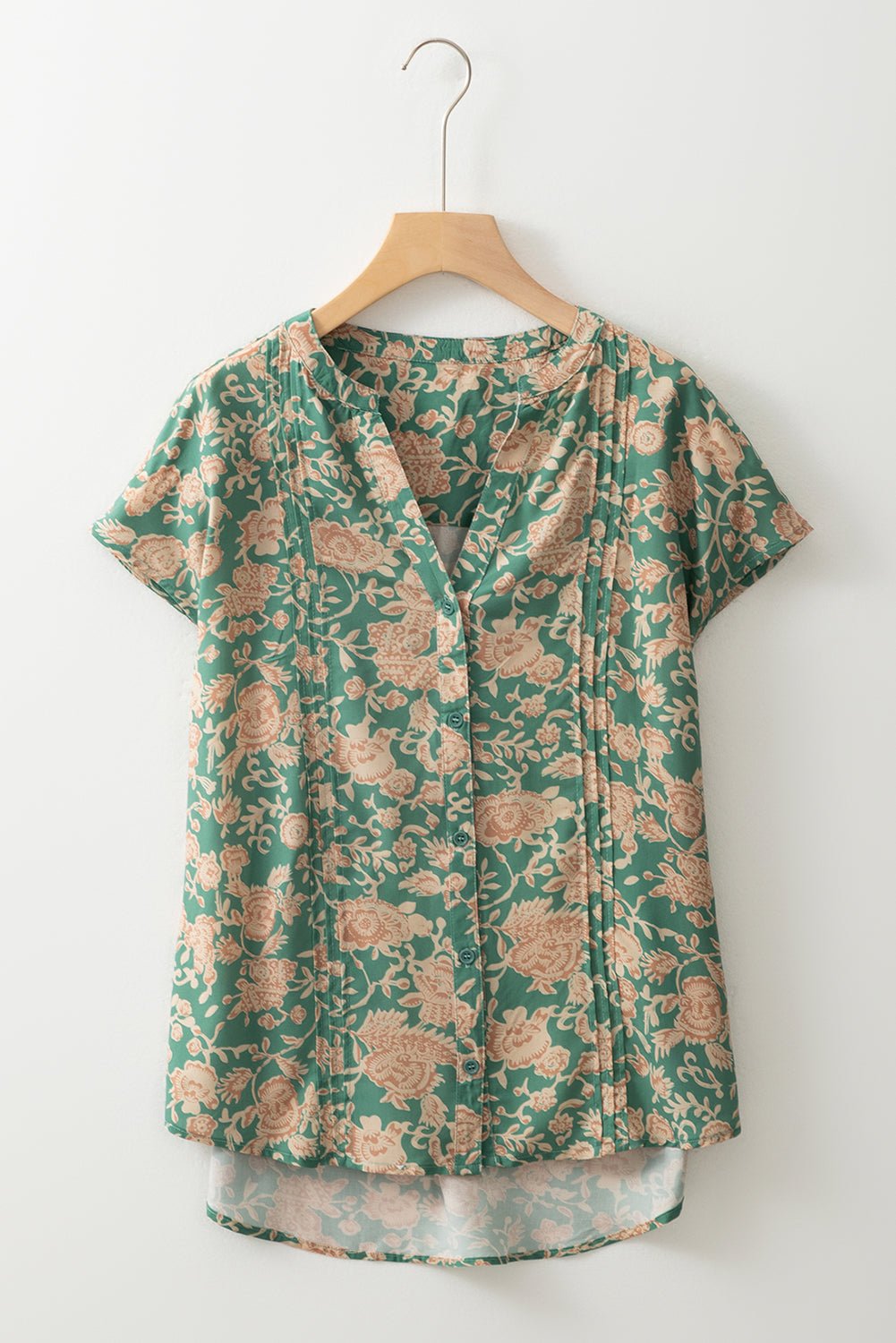 Floral Pleated Buttoned V-Neck Short Sleeve Blouse - Rooted & Reckless Co.