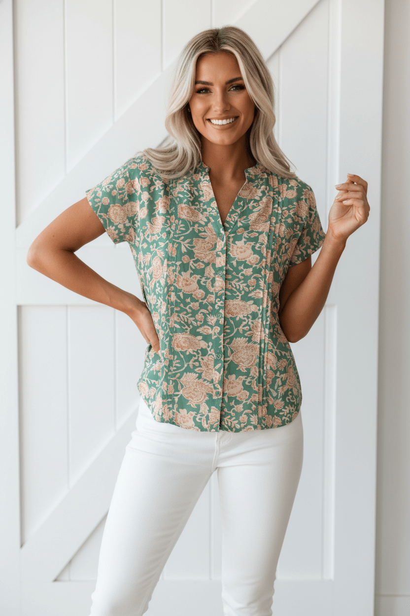Floral Pleated Buttoned V-Neck Short Sleeve Blouse - Rooted & Reckless Co.