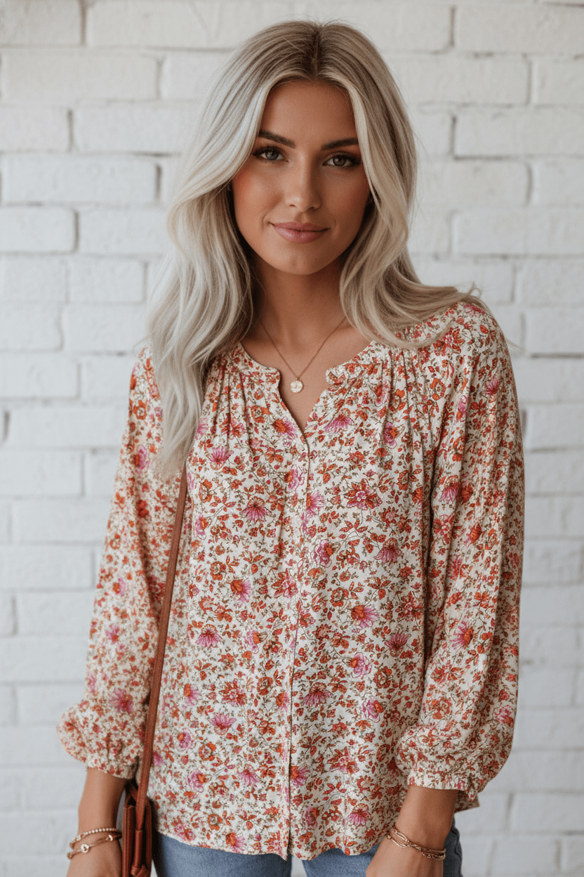 Floral Pleated Notched Neck Puff Sleeve Blouse - Rooted & Reckless Co.