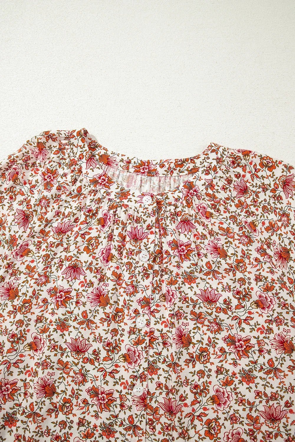 Floral Pleated Notched Neck Puff Sleeve Blouse - Rooted & Reckless Co.