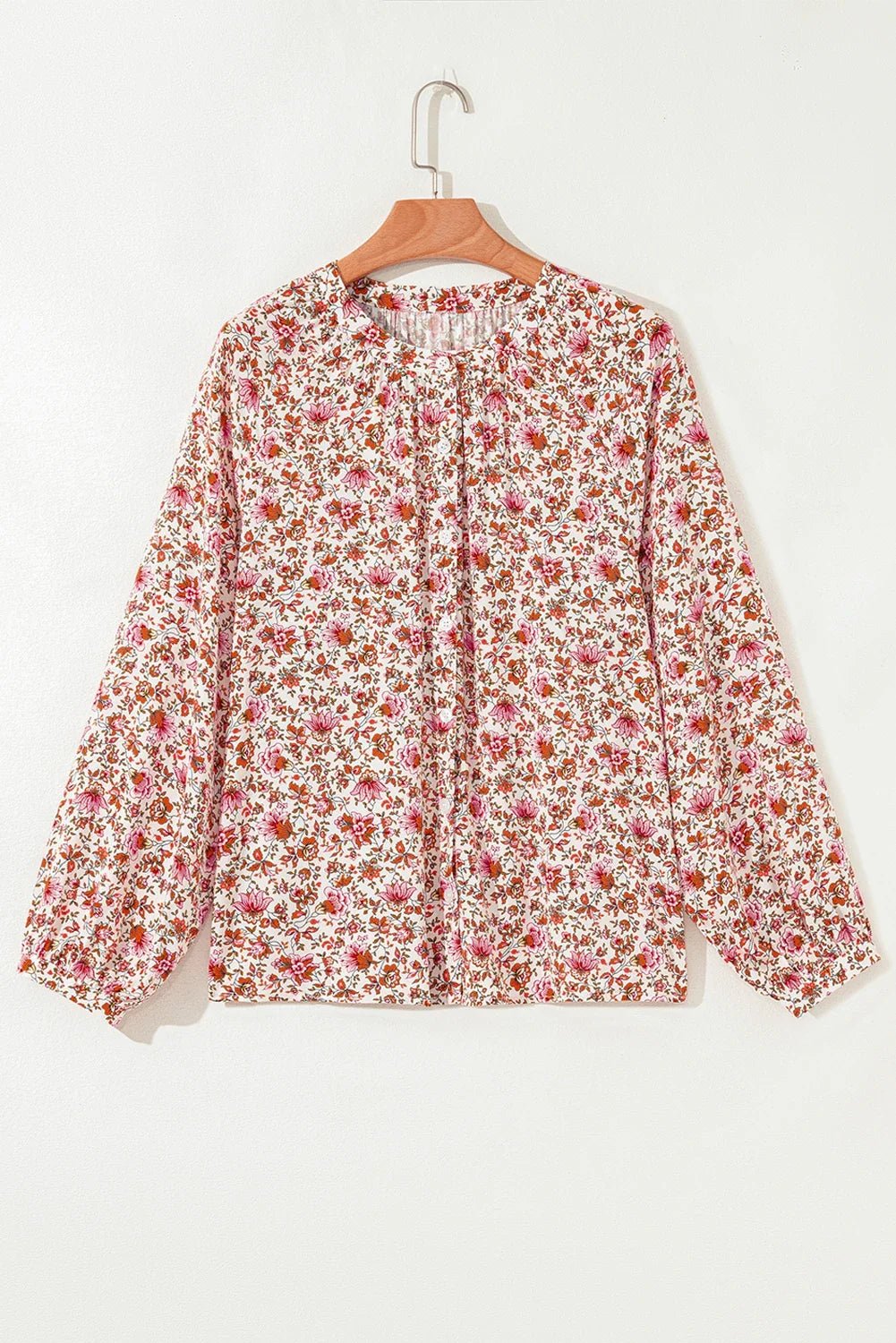 Floral Pleated Notched Neck Puff Sleeve Blouse - Rooted & Reckless Co.