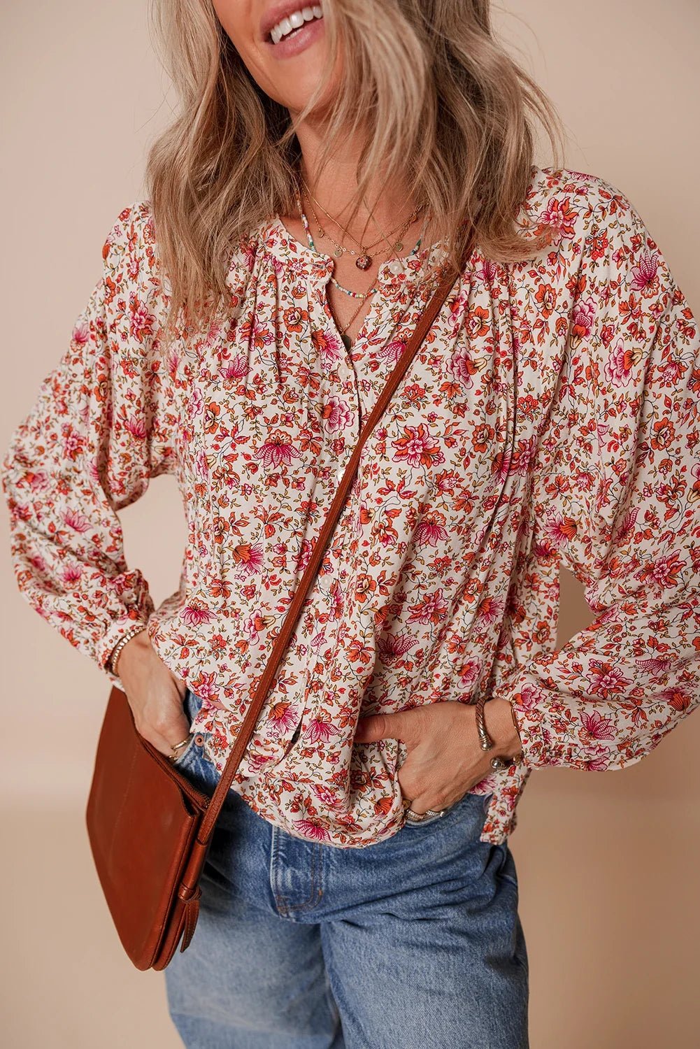 Floral Pleated Notched Neck Puff Sleeve Blouse - Rooted & Reckless Co.