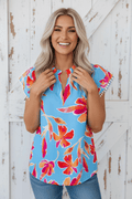 Floral Pompom Trim Flutter Sleeve V-Neck Blouse - Rooted & Reckless Co.