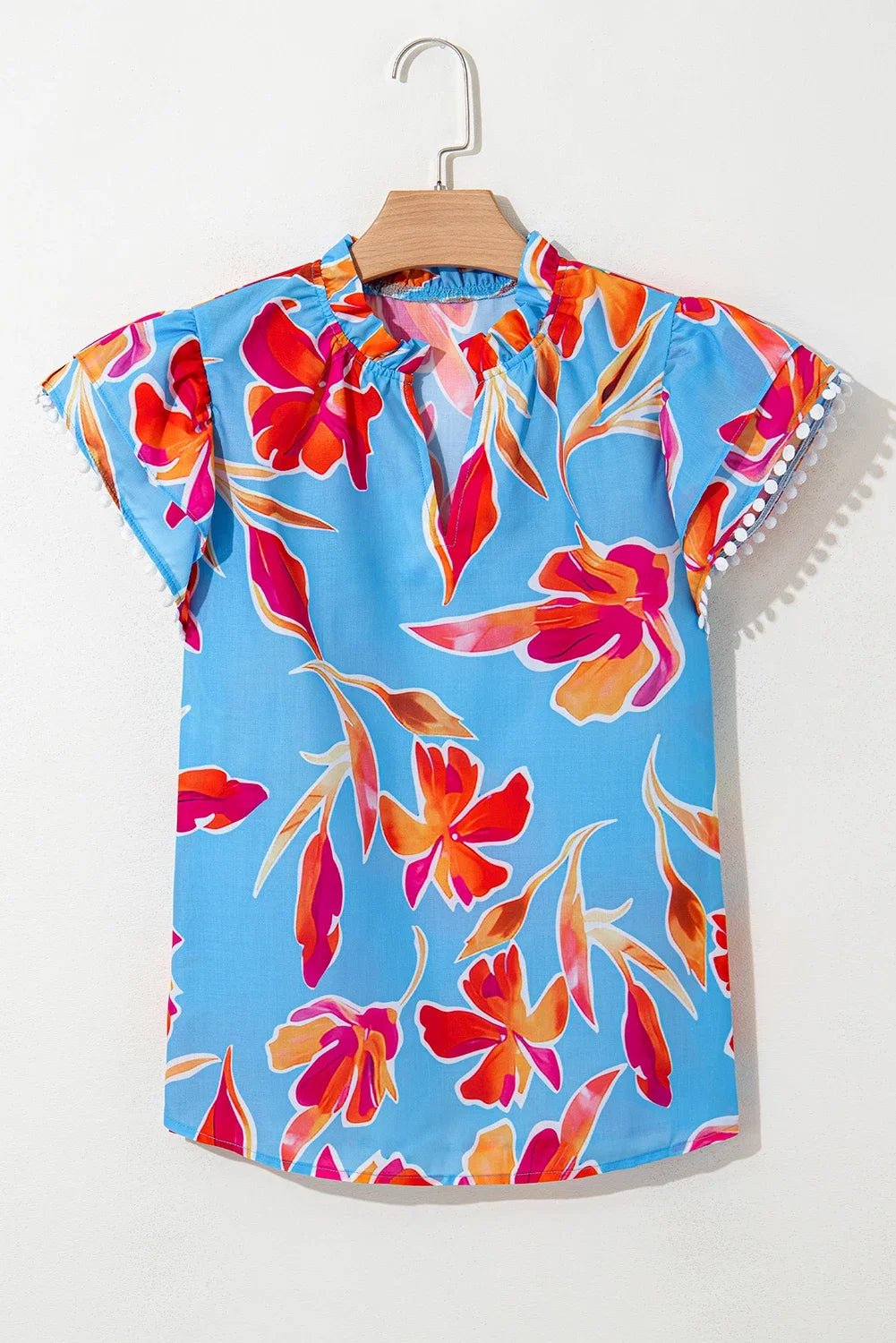 Floral Pompom Trim Flutter Sleeve V-Neck Blouse - Rooted & Reckless Co.