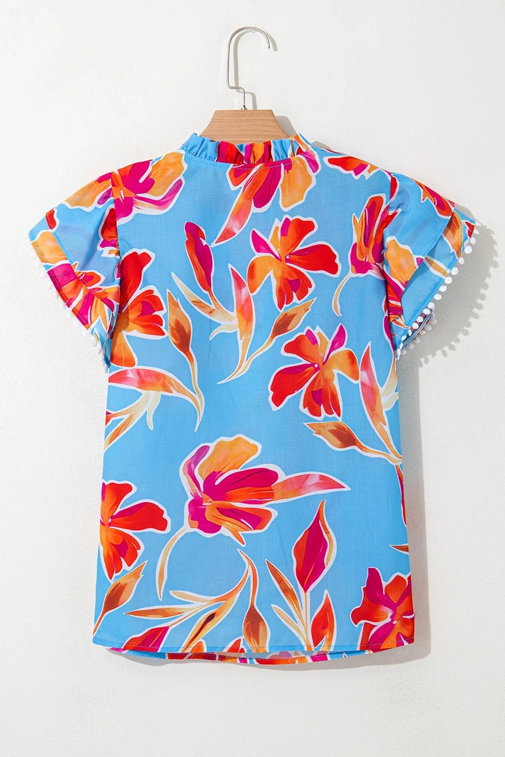 Floral Pompom Trim Flutter Sleeve V-Neck Blouse - Rooted & Reckless Co.